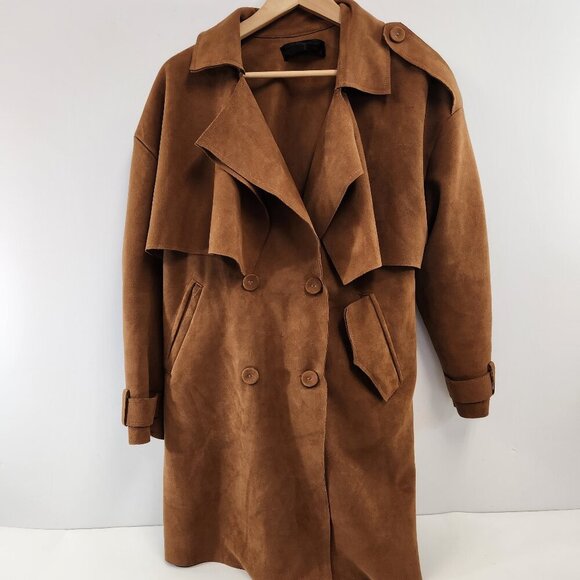 Womens Microsuede Trench Coat Brown - Picture 1 of 14